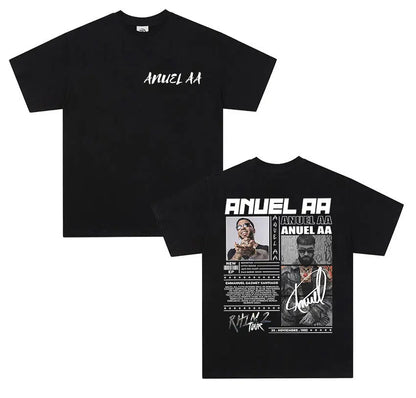 Black cotton t-shirt men retro featuring anuel aa real graphic print front and tour details on the back real hastala muerte