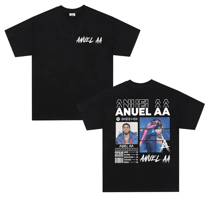 Black short-sleeved cotton shirt men retro featuring anuel aa real graphic print and real hastala muerte tour 2025 back design