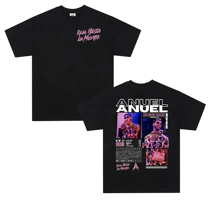 Black cotton short sleeve shirt men retro with anuel aa real graphic print on back and real hastala muerte text front