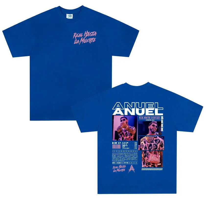 Royal blue cotton shirt men retro featuring anuel aa real graphic from real hastala muerte tour 2025 album design