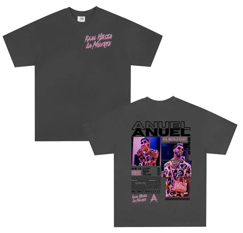 Dark gray cotton t-shirt featuring anuel aa real graphic print with real hastala muerte text shirt men retro style
