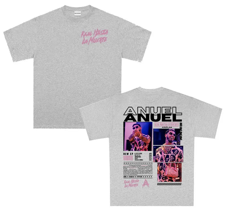 Gray heathered cotton shirt men retro featuring anuel aa real graphic print real hastala muerte tour dates