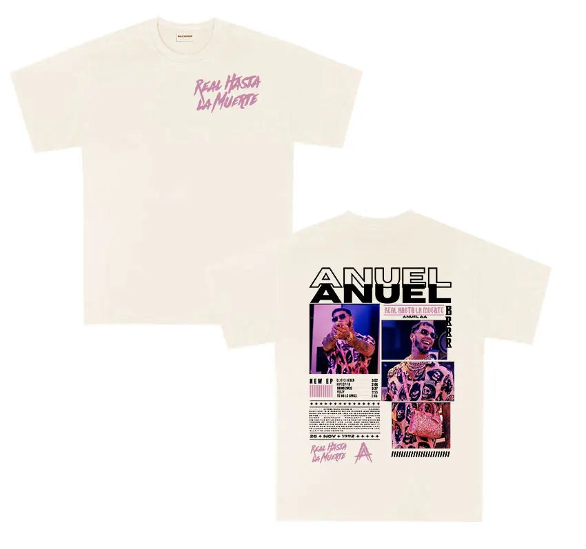 Cream-colored cotton shirt men retro with bold anuel aa real graphic and pink real hastala muerte text front print