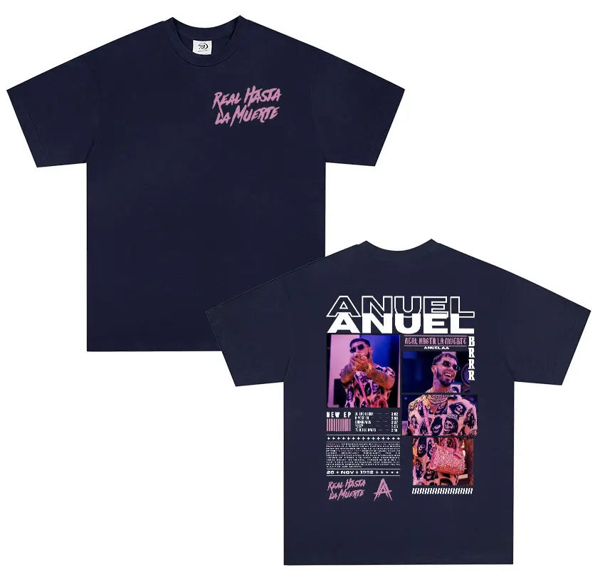 Dark navy blue cotton shirt men retro featuring anuel aa real graphic print and real hastala muerte album details on back
