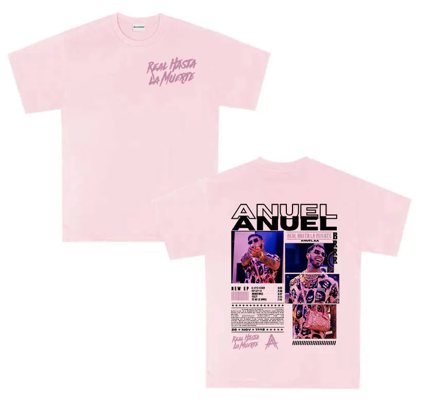 Pink cotton short sleeve shirt men retro featuring anuel aa real graphic from real hastala muerte ep