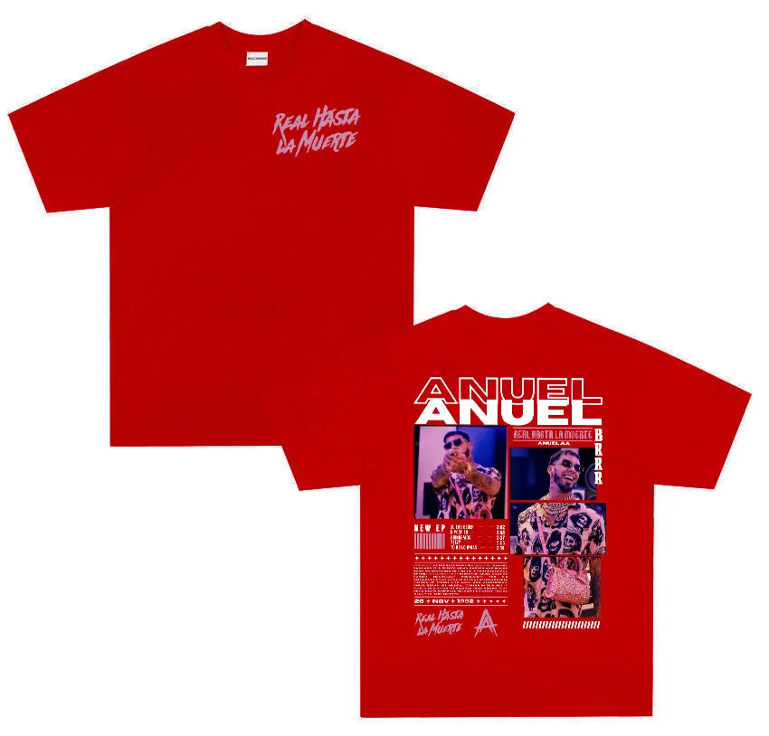 Red cotton t-shirt men retro featuring anuel aa real graphic print with real hastala muerte tour 2025 design