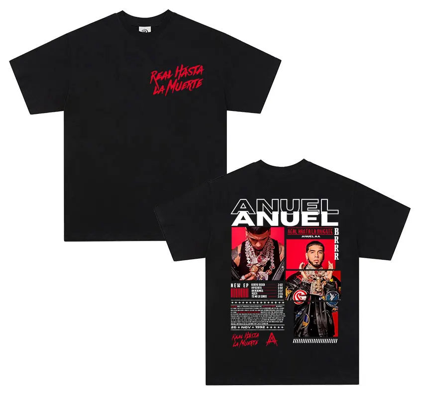 Black cotton t shirt men retro featuring red and white anuel aa real graphic and real hastala muerte script front and back