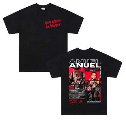 Black cotton t shirt men retro featuring red and white anuel aa real graphic and real hastala muerte script front and back