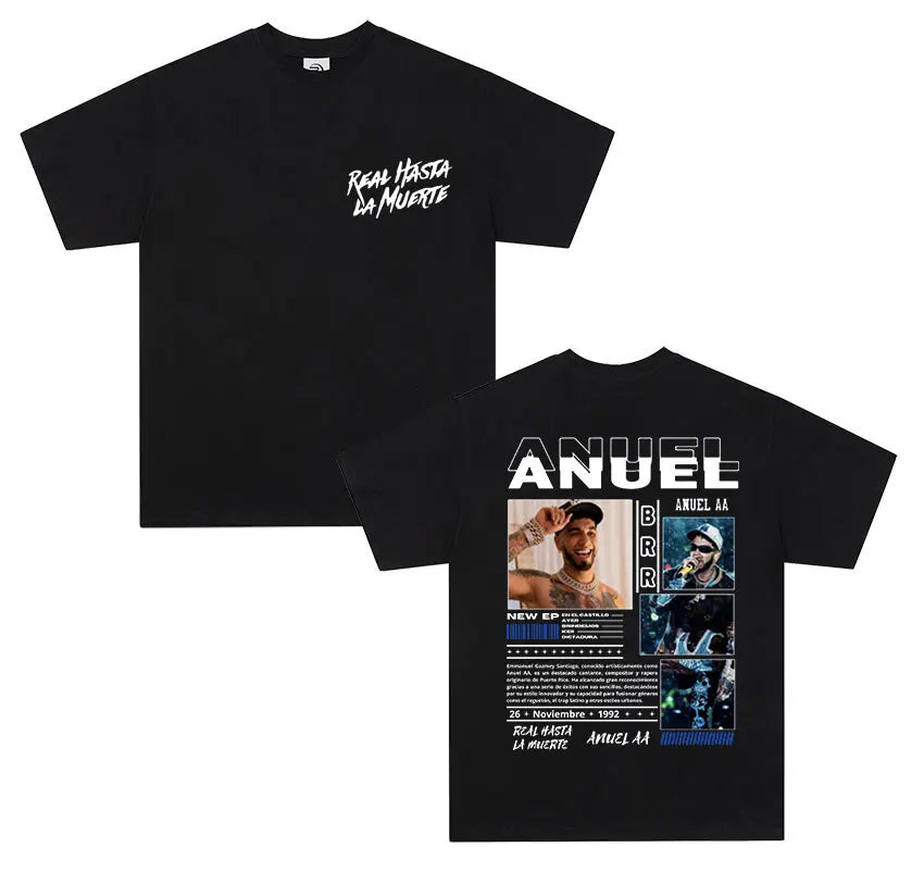 Black cotton t-shirt featuring anuel aa real graphic print and real hastala muerte text for shirt men retro style