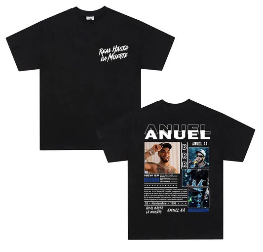 Black cotton t-shirt featuring anuel aa real graphic print and real hastala muerte text for shirt men retro style