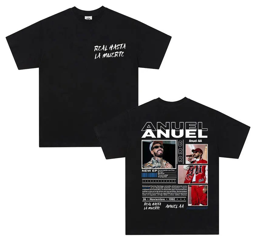 Back of black cotton t-shirt men retro featuring anuel aa real hastala muerte graphic print and white text