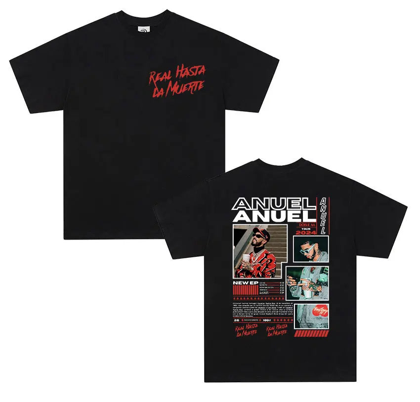 Black cotton t-shirt men retro with red anuel aa real text and real hastala muerte collage graphics front design