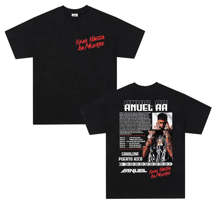 Black cotton short sleeve shirt men retro featuring red and white anuel aa real hastala muerte graphic design