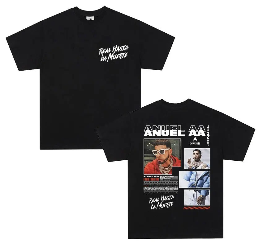 Black short sleeve cotton shirt men retro featuring anuel aa real graphic and real hastala muerte text print front