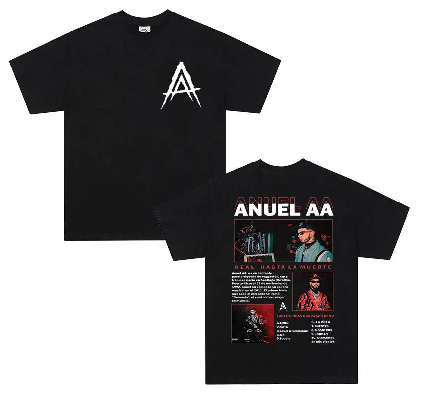 Black cotton short-sleeve shirt men retro with white stylized a logo front and anuel aa real hastala muerte tour print back