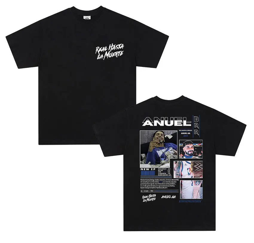 Black cotton short sleeve shirt men retro featuring anuel aa real graphic design and real hastala muerte text on back