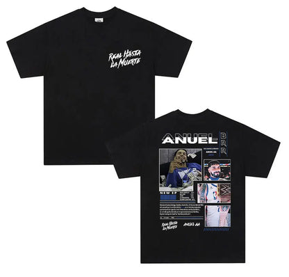 Black cotton short sleeve shirt men retro featuring anuel aa real graphic design and real hastala muerte text on back