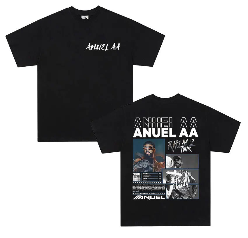 Black cotton short sleeve shirt men retro featuring anuel aa real portrait and real hastala muerte tour 2025 design