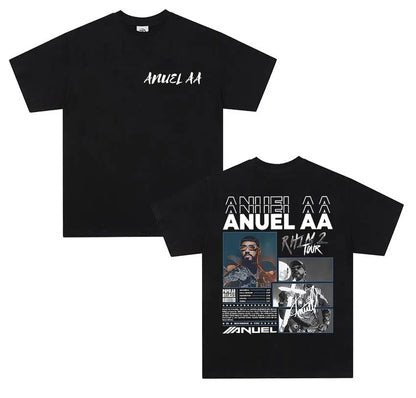 Black cotton short sleeve shirt men retro featuring anuel aa real portrait and real hastala muerte tour 2025 design