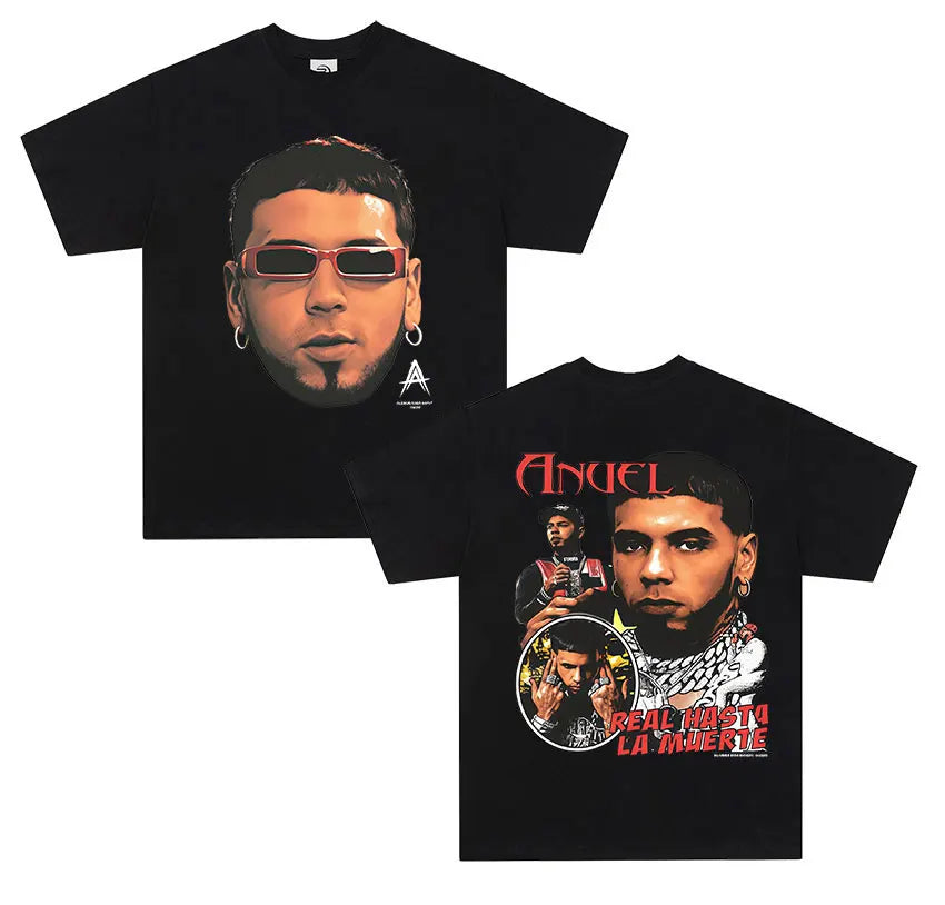 Black cotton short sleeve t shirt men retro featuring anuel aa real graphic angel with red sunglasses real hastala muerte text