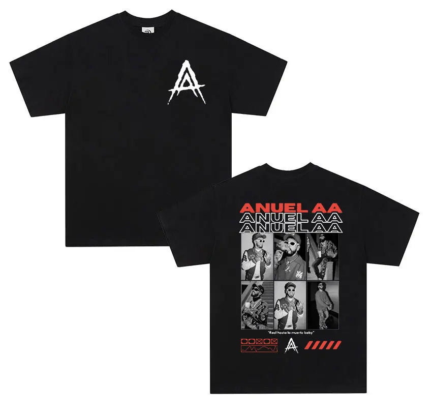 Black cotton t-shirt men retro with white stylized a logo front and anuel aa real hastala muerte graphic back print