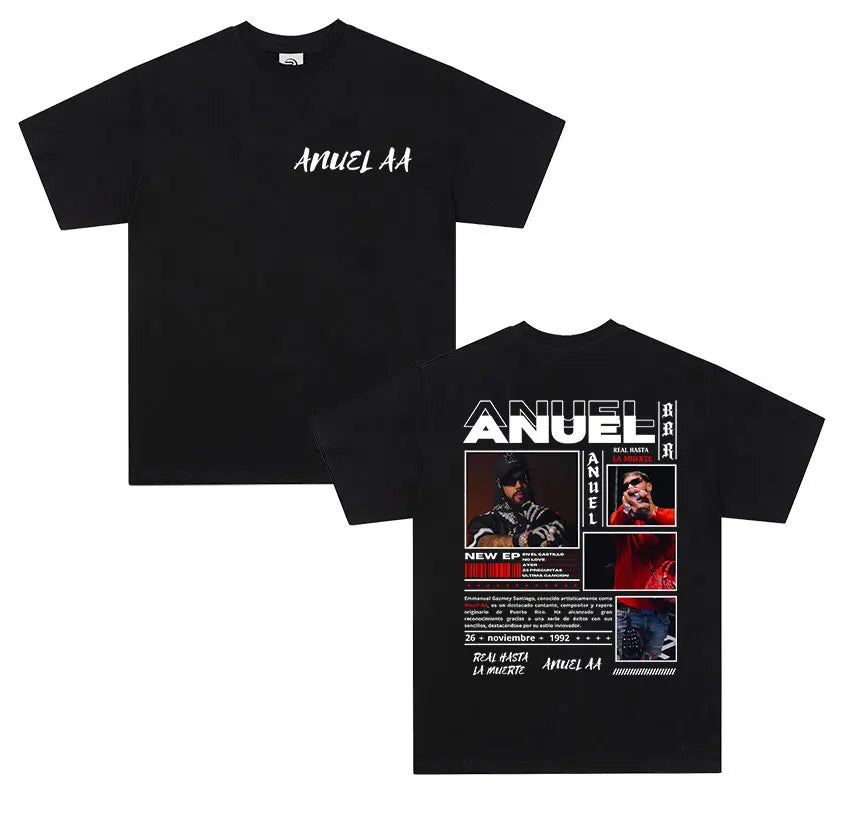 Black cotton t-shirt men retro featuring anuel aa real graphic and white text for real hastala muerte 2025 tour