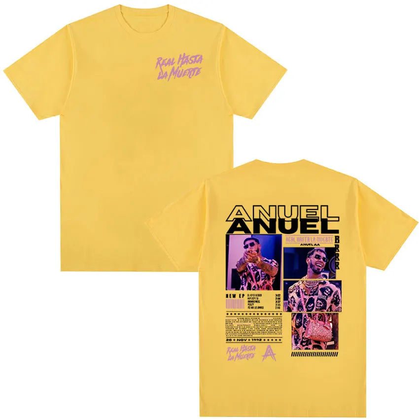 Yellow cotton short sleeve shirt men retro featuring anuel aa real graphic for real hastala muerte tour 2025