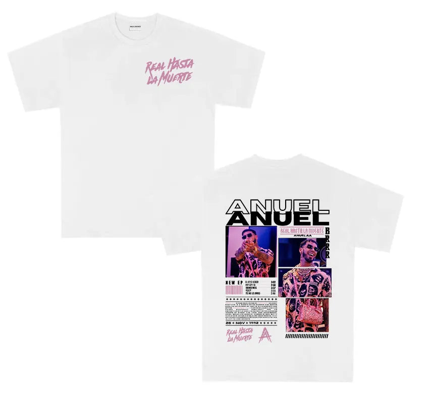 White cotton short sleeve shirt men retro featuring anuel aa real graphic and real hastala muerte text front and back