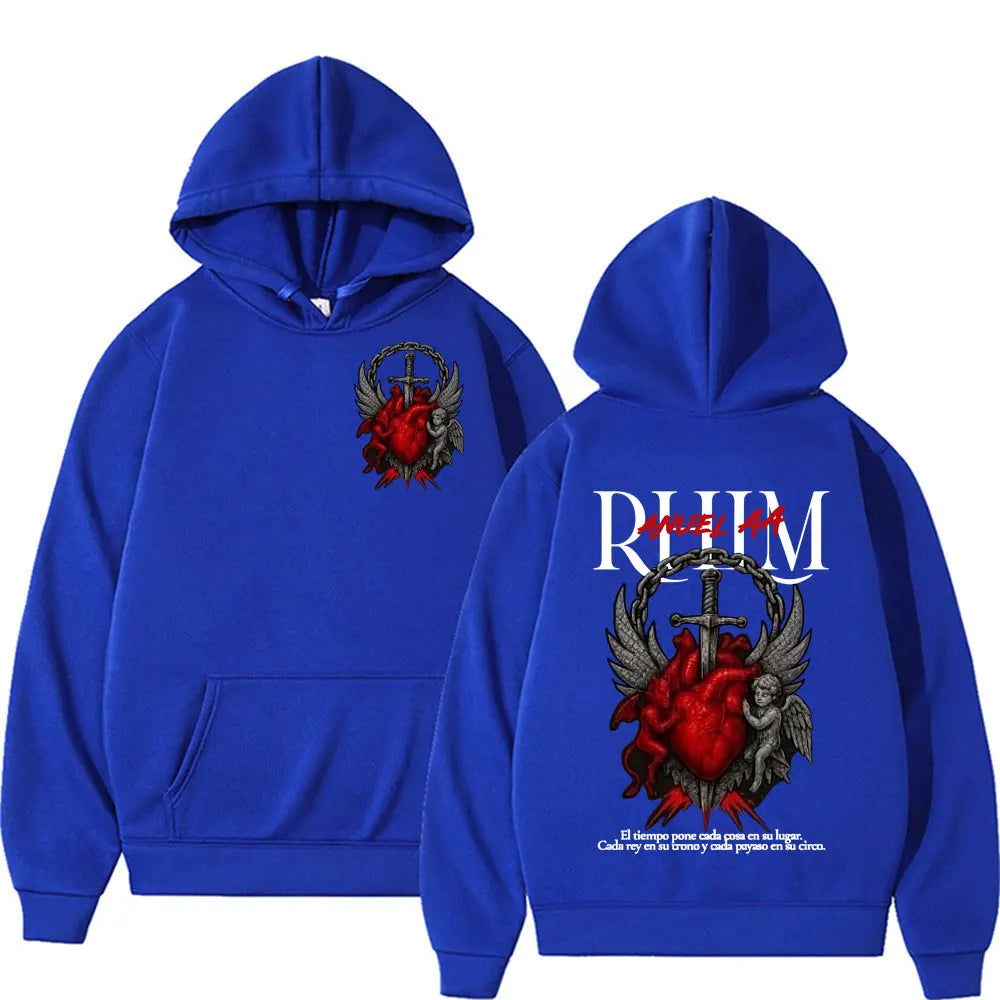 Royal blue oversized cotton hoodie featuring an anuel aa rhlm album tour graphic red heart with wings and sword design in black ink