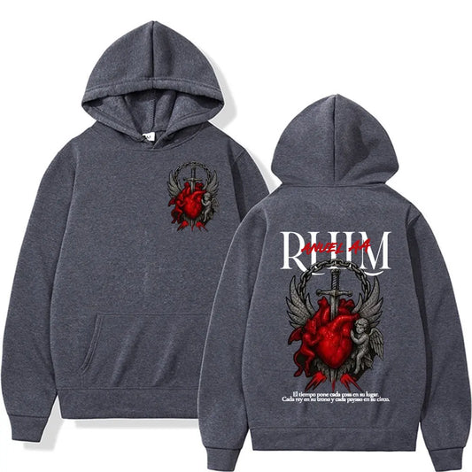 Back of dark gray oversized hip hop gothic hoodie with red heart wings sword graphic and white rhum text for anuel aa rhlm album tour