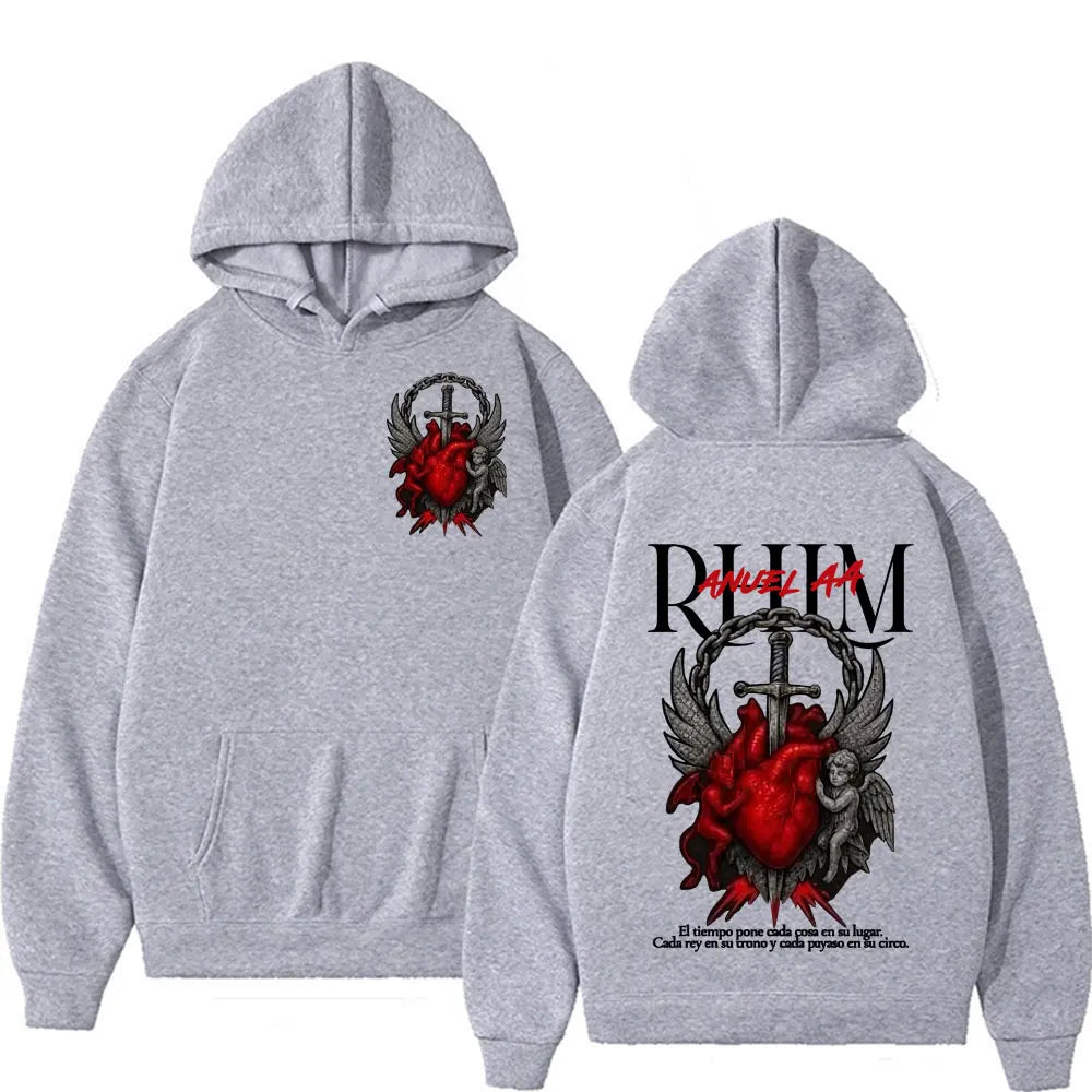 Gray oversized hip hop gothic hoodie with bold red heart wings and sword album tour graphic for anuel aa rhlm fans