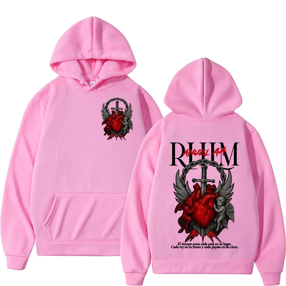 Pink oversized hoodie featuring a red heart with wings and angel graphic front and back anuel aa rhlm album tour graphic