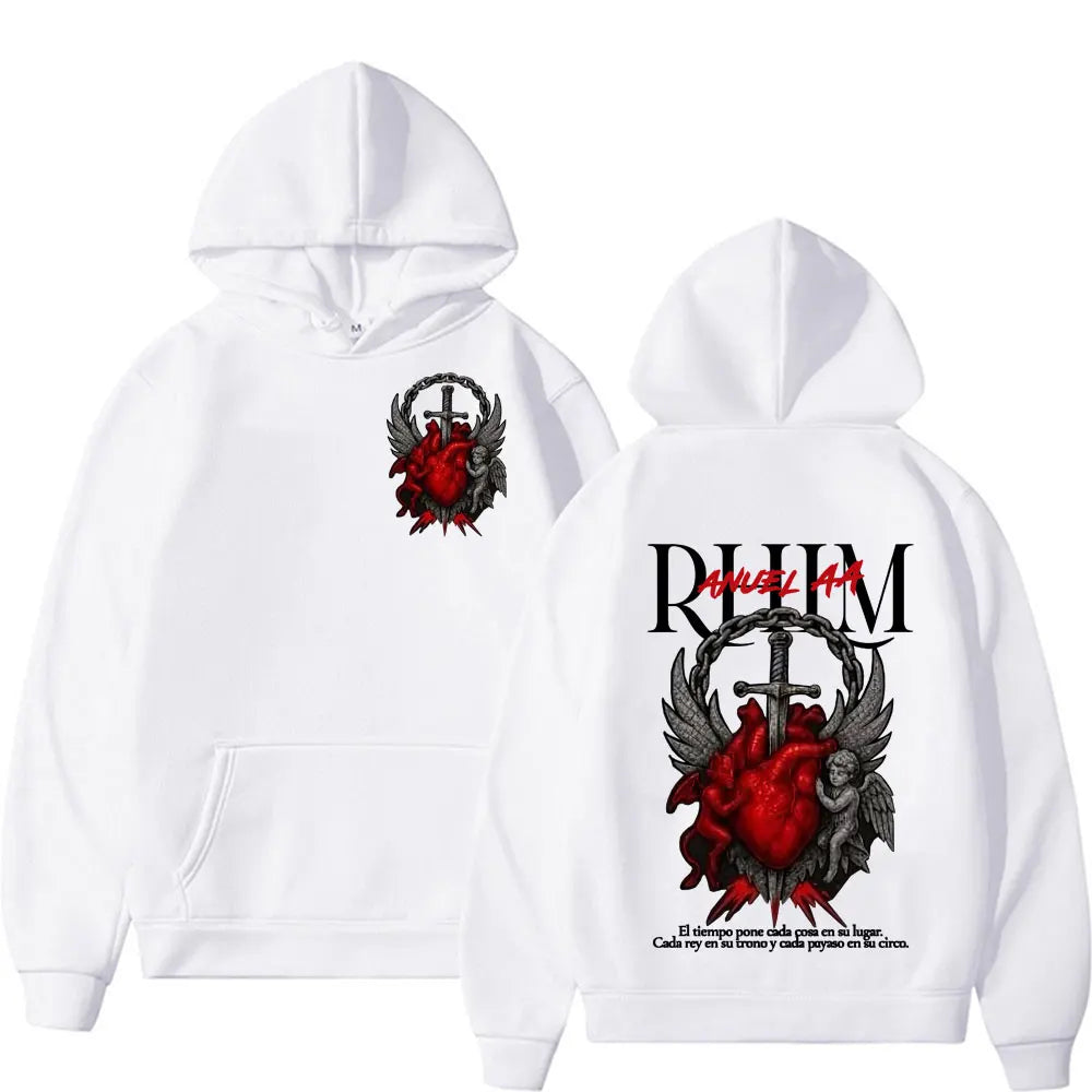 White hoodie featuring bold red heart with wings and cross graphic in black ink for anuel aa rhlm album tour graphic hip hop gothic style