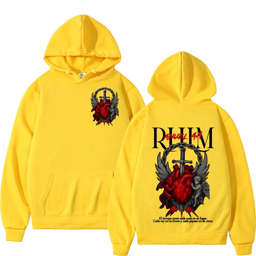 Bright yellow oversized hoodie featuring a black printed red heart with wings and cross for anuel aa rhlm album tour graphic hip hop gothic style