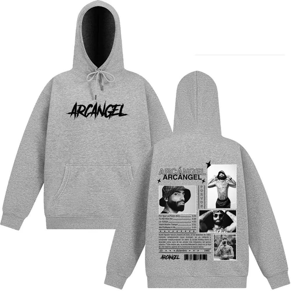 Back of gray heathered rapper arcangel album hoodie with black graphic print loose casual pullover harajuku sweatshirts streetwear