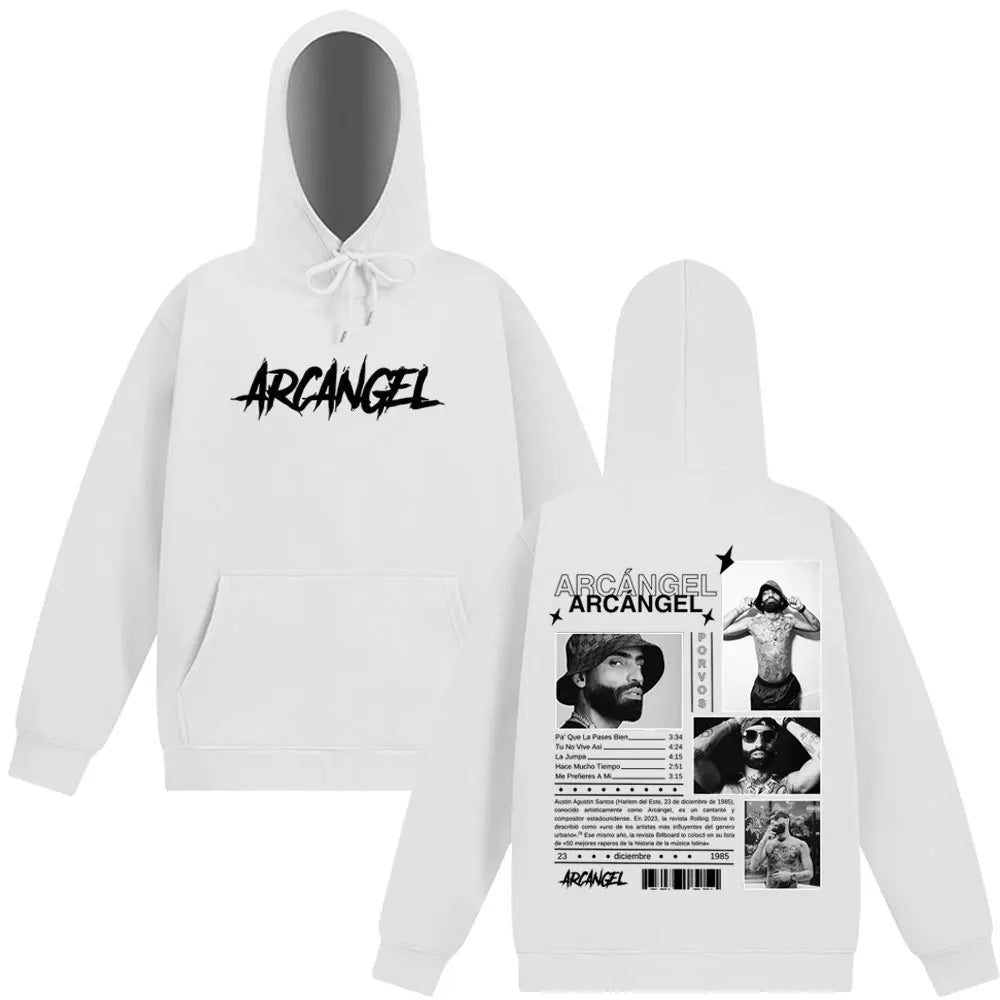 White hooded sweatshirt back with black rapper arcangel album graphic print loose casual pullover harajuku streetwear