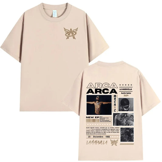 Beige oversized cotton t-shirt featuring black and gold graphic design with Austin Santos and Arca Arca branding