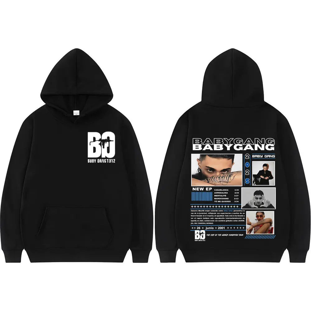Black rapper baby gang hoodie with white cover graphic sweatshirt designs for men and women hip hop casual hoodie