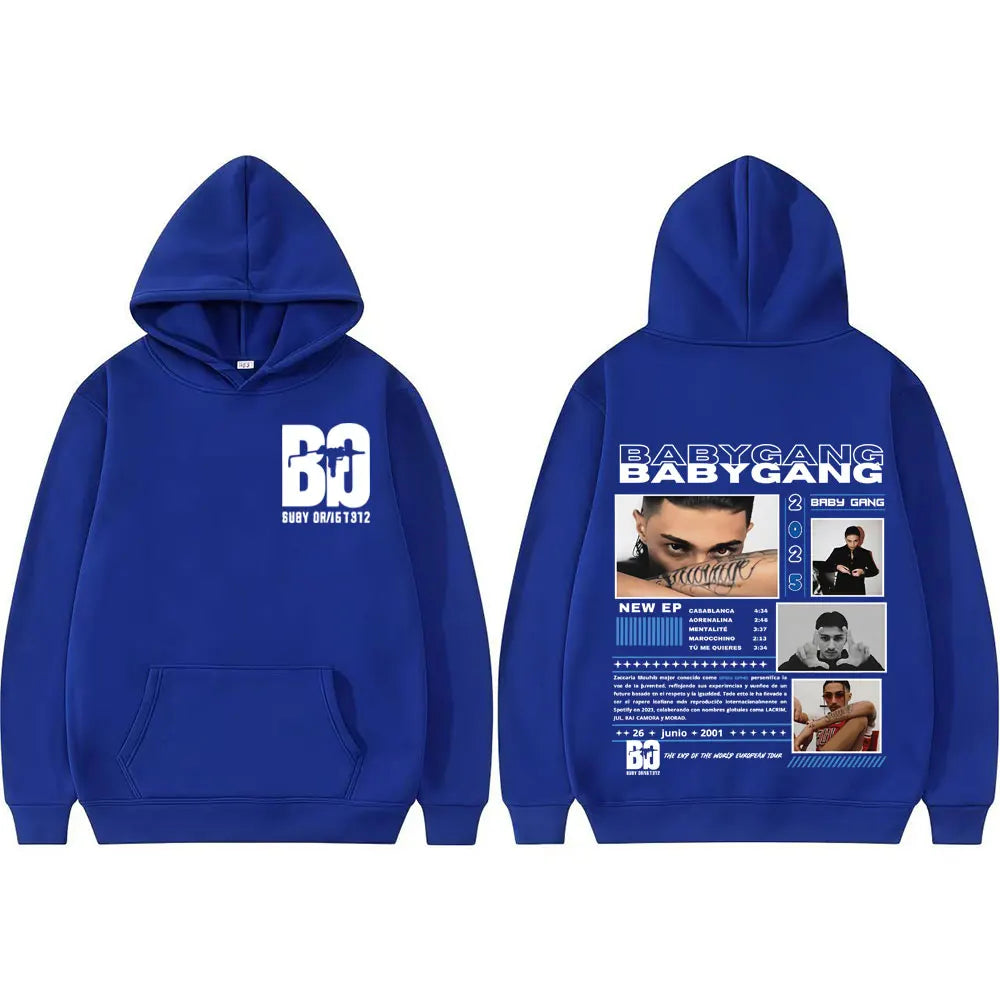 Royal blue rapper baby gang cover graphic sweatshirt with bold white b0 logo and detailed back print hip hop casual hoodie
