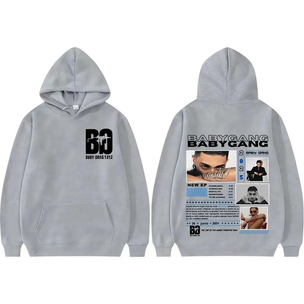 Light gray rapper baby gang cover graphic sweatshirt with front logo and detailed back print for hip hop casual hoodie