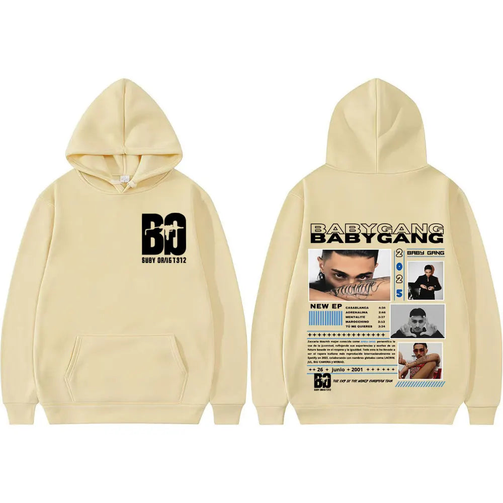 Cream-colored rapper baby gang cover graphic sweatshirt with black prints, high quality hip hop casual hoodie for men and women