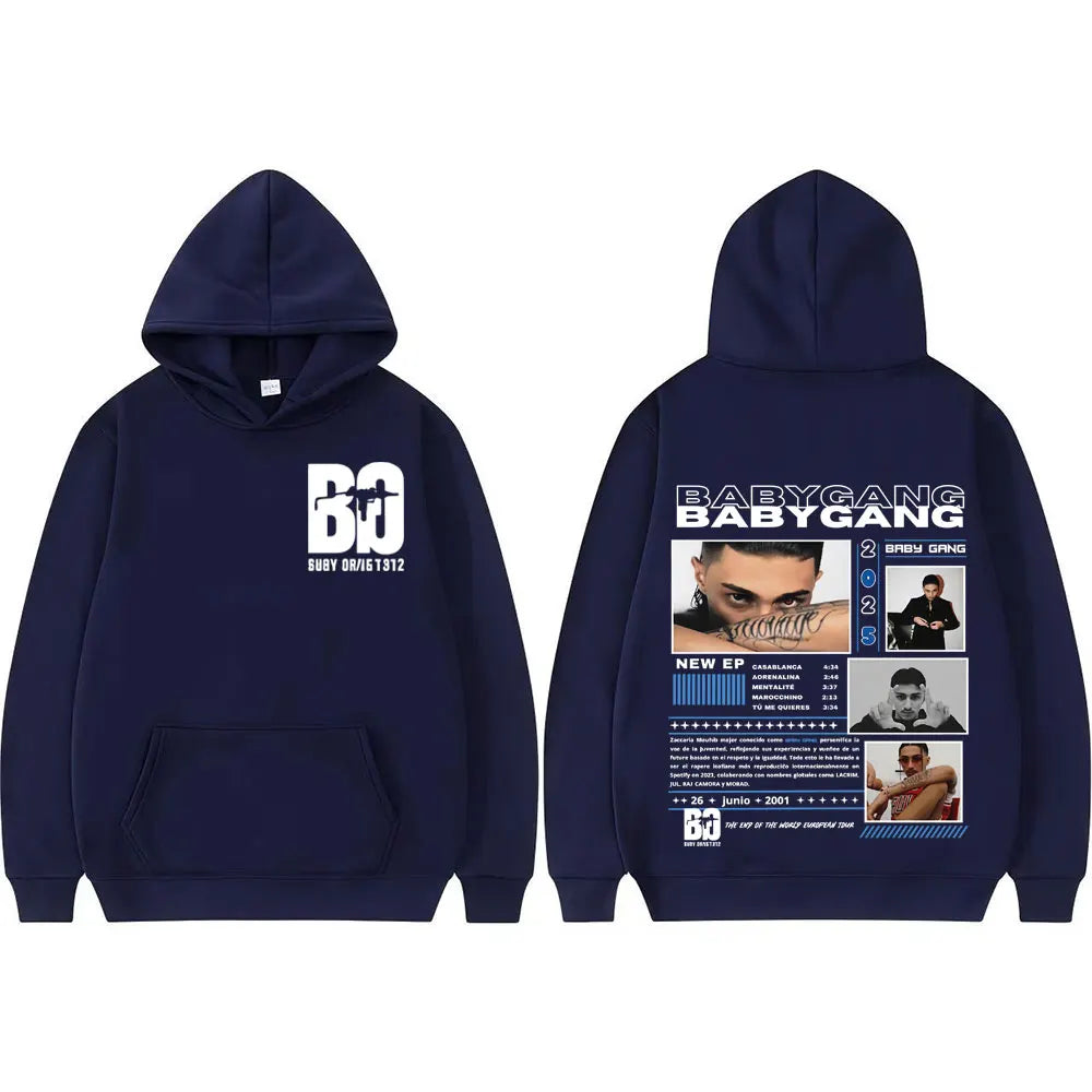 Navy blue rapper baby gang cover graphic sweatshirt with white design suitable as hip hop casual hoodie for men and women
