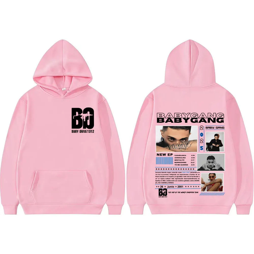 Pink rapper baby gang cover graphic sweatshirt with black prints front and back high quality hip hop casual hoodie