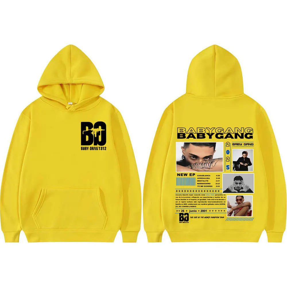 Bright yellow rapper baby gang cover graphic sweatshirt with black prints front and back hip hop casual hoodie