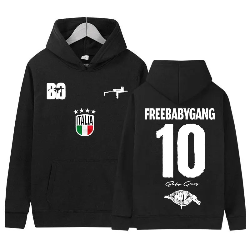 Black fleece hoodie featuring white rapper baby gang tour album logo graphics with italian flag and firearm design music sweatshirt y2k