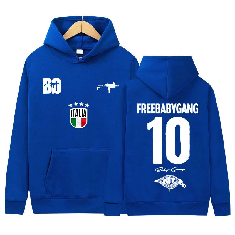 Royal blue fleece music sweatshirt y2k featuring rapper baby gang tour album logo and Italia crest graphic prints