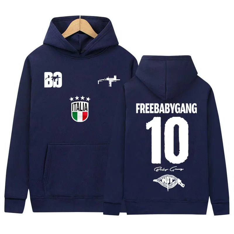 Navy blue fleece hoody with rapper baby gang tour album logo graphic prints and italian flag emblem music sweatshirt y2k