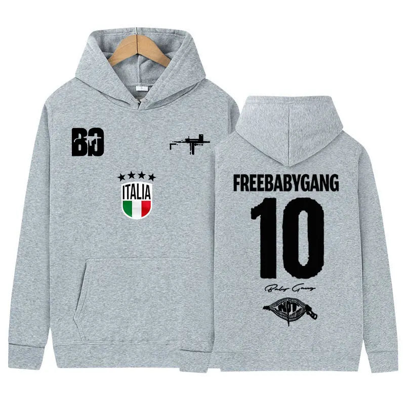 Gray fleece hoodie with black freebabygang 10 graphics, italia crest, and rifle silhouette for rapper baby gang tour album logo music sweatshirt y2k fashion