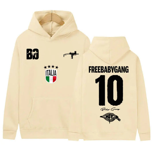 Cream-colored fleece hoody with black rapper baby gang tour album logo graphics music sweatshirt y2k design