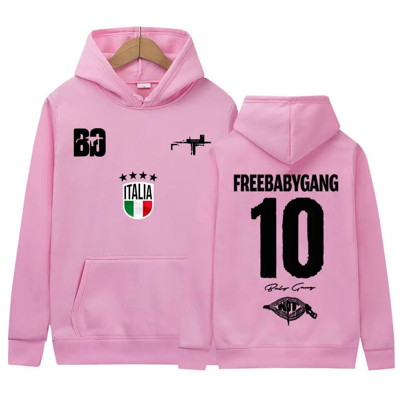 Pink fleece hoodie featuring rapper baby gang tour album logo graphics and black prints including italian flag emblem